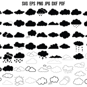 May include: A set of 50 black and white cloud icons. The clouds are in various shapes and sizes, and some have rain, lightning, or sun symbols.