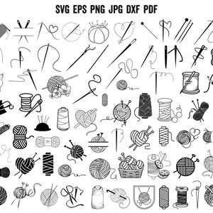 May include: A black and white illustration set of 50 knitting and crocheting themed icons. The icons include yarn balls, needles, scissors, and other tools. SVG EPS PNG JPG DXF PDF.