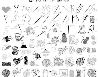 May include: A black and white illustration set of 50 knitting and crocheting themed icons. The icons include yarn balls, needles, scissors, and other tools. SVG EPS PNG JPG DXF PDF.