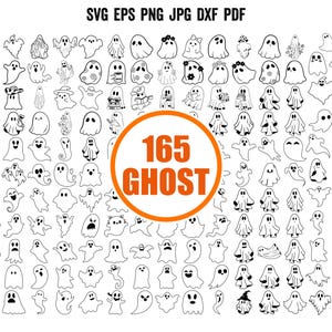 May include: A collection of 165 ghost illustrations in black and white. The ghosts have various expressions and are in different poses. The image also includes the text "SVG EPS PNG JPG DXF PDF" at the top and "165 GHOST" in a circle.