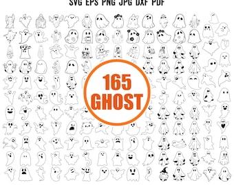 May include: A collection of 165 ghost illustrations in black and white. The ghosts have various expressions and are in different poses. The image also includes the text "SVG EPS PNG JPG DXF PDF" at the top and "165 GHOST" in a circle.