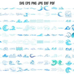 Peut inclure: Plusieurs illustrations d'ondes bleues de différents styles. L'image comprend divers motifs de vagues, des lignes simples aux crêtes détaillées, avec le texte "SVG EPS PNG JPG DXF PDF" en haut.