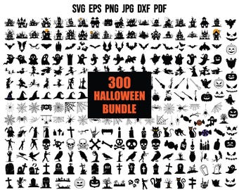 May include: A black and white graphic design set of 300 Halloween themed images. The images include ghosts, bats, pumpkins, witches, spiders, and more. The text "300 HALLOWEEN BUNDLE" is in a white box with a black background.