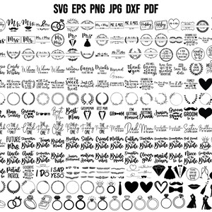 May include: A collection of black and white wedding-themed graphics, including text elements like "Mr. & Mrs.," silhouettes of couples, rings, and decorative elements. The image is suitable for crafting projects.