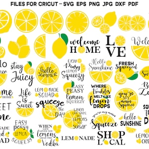 Könnte beinhalten: Ein Set mit 25 digitalen Schnittdateien mit Zitronen und Zitronen-Motiven. Die Sätze beinhalten "Hallo Sommer", "Bleib saftig", "Willkommen zu Hause", "Frisch gepresst", "Das Leben ist süß", "Ganz einfach", "Limonadenstand-Team", "Wo Probleme wie Zitronentropfen schmelzen", "Du bist mein Hauptpresser", "Sei spritzig", "Drücke den Tag", "Limonaden-Crew" und mehr. Die Dateien sind in den Formaten SVG, EPS, PNG, JPG, DXF und PDF verfügbar.