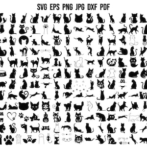 Könnte beinhalten: Eine große Sammlung von schwarzen Katzensilhouetten in verschiedenen Posen, darunter sitzend, stehend, gehend und springend. Die Silhouetten sind in einem Raster angeordnet und beinhalten Pfotenabdrücke, Herzen und andere katzenbezogene Designs. Der Text "SVG EPS PNG JPG DXF PDF" befindet sich oben im Bild.