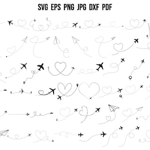 Puede incluir: Un conjunto de 20 ilustraciones de aviones en blanco y negro con líneas punteadas que forman corazones. Los aviones vuelan en diferentes direcciones y algunos tienen un pequeño corazón al final de la línea punteada.