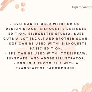 May include: Text on a pink background with a white outline explaining that SVG files can be used with Cricut Design Space, Silhouette Designer Edition, Silhouette Studio, Sure Cuts A Lot (SCAL) and Brother Scan.  DXF files can be used with Silhouette Basic Edition. EPS files can be used with CorelDraw, Inkscape, and Adobe Illustrator. PNG files are photo files with a transparent background.