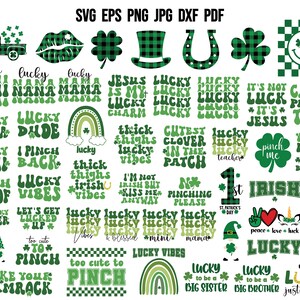 Puede incluir: Una descarga digital de 30 archivos de corte SVG verdes y negros con diseños temáticos del Día de San Patricio. Los diseños incluyen frases como "Lucky Vibes", "Pinch Proof", "Lucky Mama", "Lucky Dude", "Too Cute to Pinch", "Shake Your Shamrock", y "Lucky to be a Big Sister".