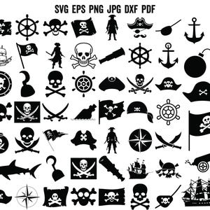 May include: Black and white pirate-themed vector graphics. Includes pirate flags, skull and crossbones, pirate hats, ships, anchors, swords, spyglasses, compasses, and a cannon. The image also contains the text "SVG EPS PNG JPG DXF PDF".