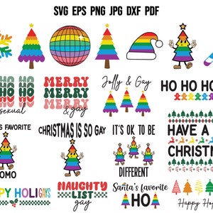 Könnte beinhalten: Ein digitaler Download von 10 Weihnachtsmotiven mit Regenbogenfarben und Texten wie "Ho Ho Homo", "Merry & Gay", "Santa's Favorite Homo", "Christmas is So Gay", "It's Ok to Be Different", "Have a Gay Christmas", "Happy Holigays", "Naughty List Gay" und "Santa's Favorite Ho".