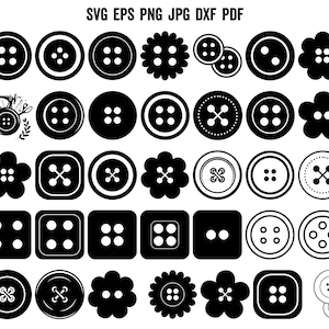 Puede incluir: Una colección de botones en blanco y negro de varias formas y tamaños. Los diseños incluyen botones redondos, cuadrados y con forma de flor con dos o cuatro agujeros, y algunos con patrones decorativos. La imagen también incluye texto en la parte superior.