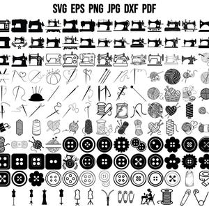 Puede incluir: Ilustraciones en blanco y negro de máquinas de coser, agujas, carretes de hilo, botones y otros elementos de costura. La imagen incluye el texto "SVG EPS PNG JPG DXF PDF" en la parte superior.