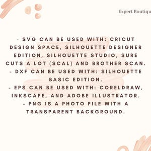 May include: Text on a pink background with white text explaining that SVG files can be used with Cricut Design Space, Silhouette Designer Edition, Silhouette Studio, Sure Cuts A Lot (SCAL) and Brother Scan. DXF files can be used with Silhouette Basic Edition. EPS files can be used with CorelDraw, Inkscape, and Adobe Illustrator. PNG files are photo files with a transparent background.