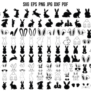 Puede incluir: Una colección de ilustraciones de siluetas de conejos negros y blancos. Las imágenes incluyen varias poses, como de pie, sentados, saltando y solo orejas. Las imágenes son perfectas para proyectos de manualidades, scrapbooking y diseño digital.