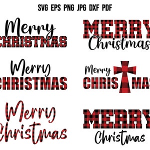 May include: Six different variations of the phrase "Merry Christmas" in a red and black buffalo plaid pattern. The text is in black and the plaid pattern is in red and black.