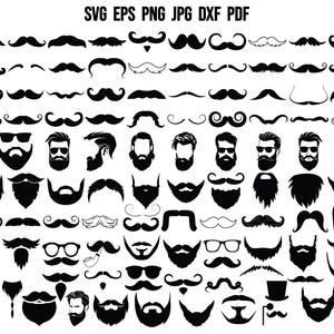May include: A large collection of black and white moustache and beard illustrations. The illustrations include a variety of styles, from classic to modern. SVG EPS PNG JPG DXF PDF.