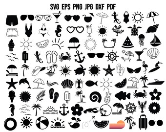 May include: A collection of 100 black and white summer themed icons. The icons include a variety of images such as seashells, palm trees, sunglasses, flip flops, ice cream cones, watermelon, and more.