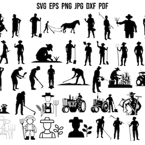 May include: A black and white silhouette image of a variety of farmers and farm workers. The image includes people working in fields, driving tractors, and tending to crops. The image also includes a variety of farm tools and equipment.