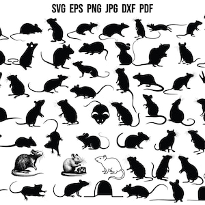 Puede incluir: Una colección de 50 imágenes de siluetas negras de ratones en varias poses. Las imágenes son perfectas para manualidades, scrapbooking y otros proyectos creativos.