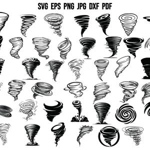 Puede incluir: Un conjunto de 40 ilustraciones de tornados en blanco y negro. Los tornados son de varias formas y tamaños, algunos están girando, otros están rectos y otros tienen forma de embudo.
