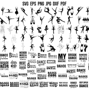 Op de afbeelding: Zwart-witte silhouetbeelden van dansers in verschillende poses, met tekstoverlays met betrekking tot dans, waaronder zinnen als "Dance Freedom", "Dance Squad", "Dance More Dances" en "Love to Dance".