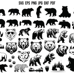 Puede incluir: Una colección de ilustraciones de siluetas de osos en blanco y negro. Los osos están en varias poses, incluyendo de pie, sentados, caminando y corriendo. Algunos osos llevan gafas de sol. Las ilustraciones son perfectas para usar en proyectos de manualidades, scrapbooking o diseño digital.