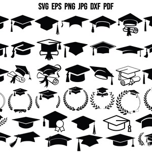 Könnte beinhalten: Eine Sammlung schwarzer Abschlusskappen-Silhouetten in verschiedenen Designs. Einige Kappen haben Quasten, Schriftrollen und Lorbeerkränze. Der Text "SVG EPS PNG JPG DXF PDF" ist oben abgebildet.