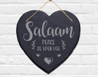 Salaam Peace Be Upon You Engraved Wall Hanging Islamic Heart Home Slate Plaque Sign