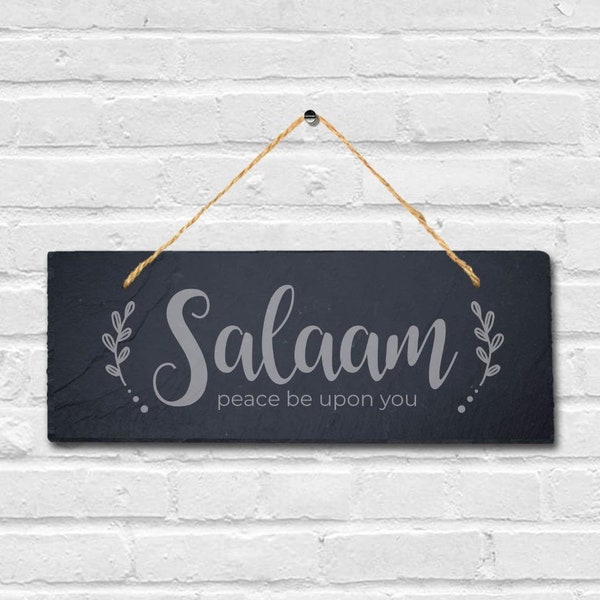 Salam Peace Be Upon You Laser Engraved Islamic Arabic Hanging Slate Plaque Sign