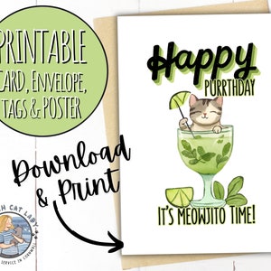 Carte d'anniversaire cocktail chat sur le thème du mojito en 2 tailles | Carte imprimable, enveloppe et étiquettes| C'est l'heure du Meowjito ! Pour les amoureux des chats