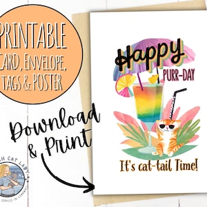Tropical Orange Cat Cocktail Happy Birthday Card in 2 Sizes | Printable Card, Envelope and Tags| It&#39;s Cattail Time