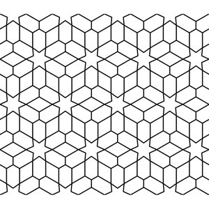 May include: Black and white geometric pattern with repeating cubes and stars. The pattern is made up of thin lines that create a grid-like effect.