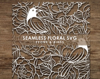 Modello SVG con motivo floreale di peonie e uccelli senza soluzione di continuità, file di taglio Cricut, file di taglio CNC, download istantaneo