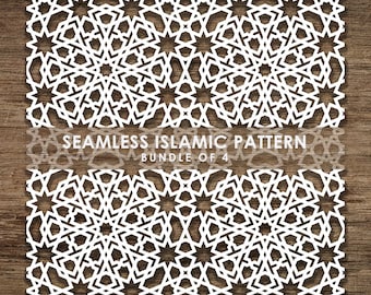 Puede incluir: Dos patrones geométricos islámicos blancos e intrincados sobre un fondo de madera marrón. El texto "Seamless Islamic Pattern Bundle of 4" está debajo de los patrones.