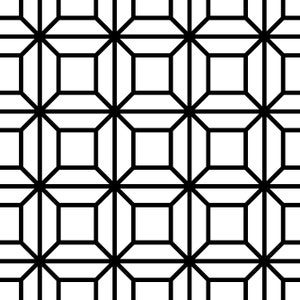 Może przedstawiać: Czarno-biały wzór geometryczny z powtarzającymi się kwadratami i przecinającymi się liniami tworzącymi efekt 3D.