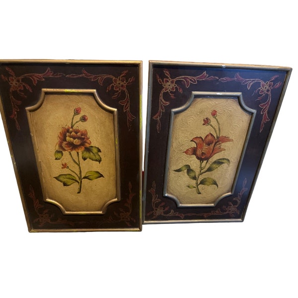 Vintage Wall Art Rose and Tulip ornate tole style Rose & Gold or Silver Details