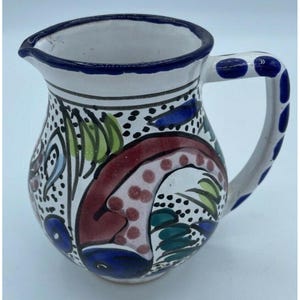 Hand Painted Talavera Mexican Pottery Creamer 4.5" Fish  Floral Design Vintage
