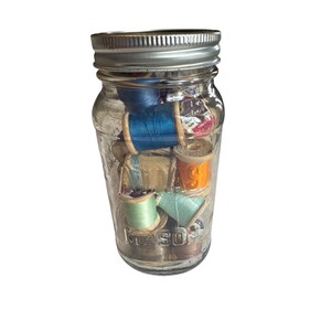 Vintage Atlas Mason Jar With Assorted Colorful Wooden Thread Spools