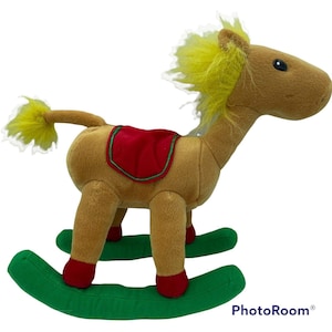 Vintage 1998 Sugar Loaf Rocking Horse Plush Toy Tan Red Saddle Green Rockers