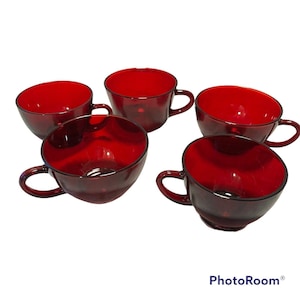 Set Of 5 Anchor Hocking Royal Ruby Glass Cups Vintage 1930s Collectible