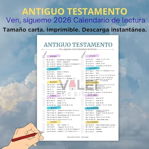 Puede incluir: Un calendario imprimible titulado "ANTIGUO TESTAMENTO" con el texto "Ven, sígueme 2026 Calendario de lectura." El calendario está organizado por meses, con cada día listado. El fondo es un cielo nublado.