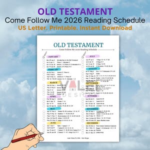 May include: A printable US Letter-sized reading schedule for the Old Testament, titled "Come Follow Me 2026." The schedule is organized by month, with specific readings listed for each day. The design includes a pen and inkwell graphic.