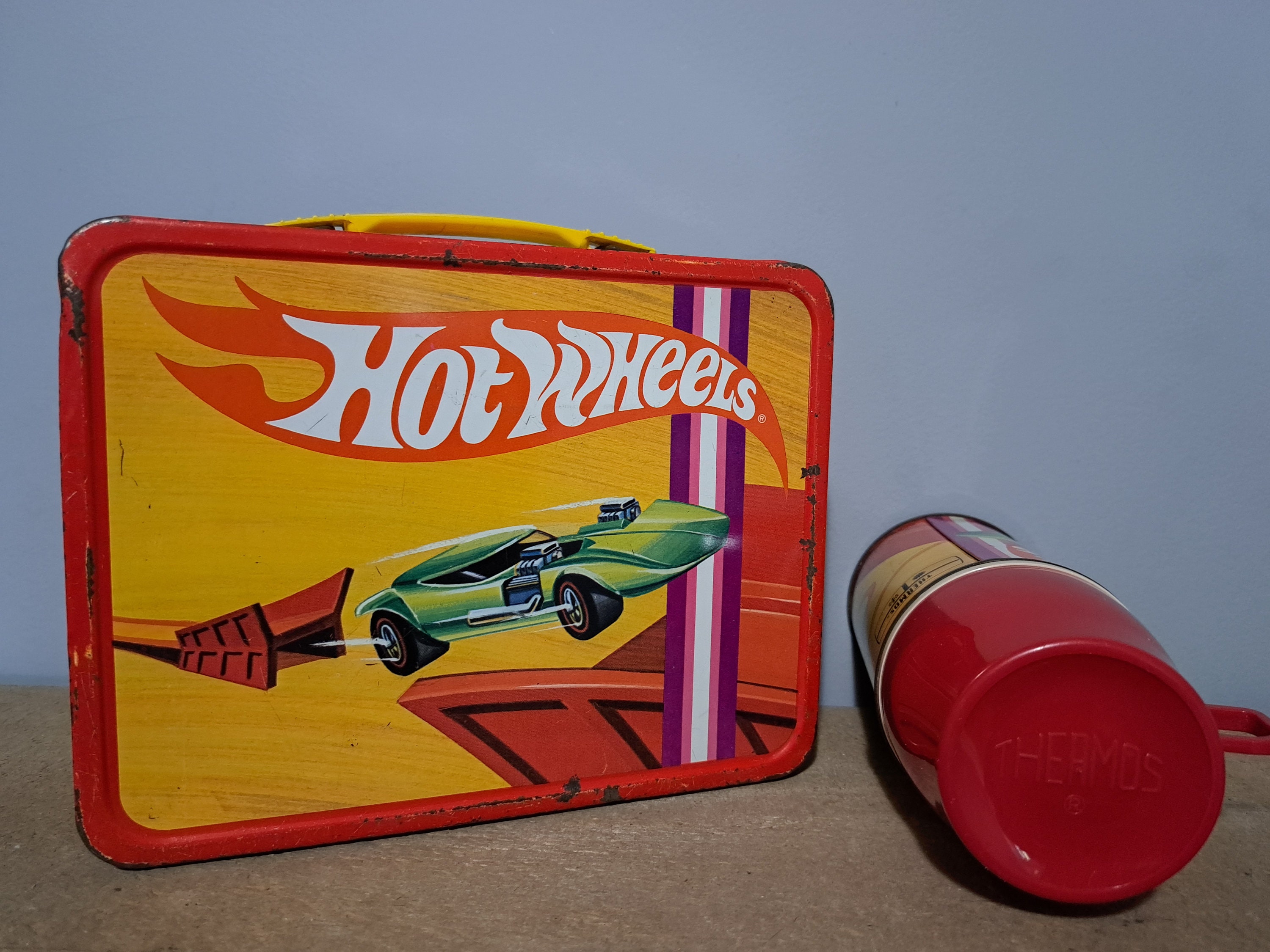 Vintage HOT WHEELS Plastic Lunch Box 2000 Mattel Blue Car THERMOS