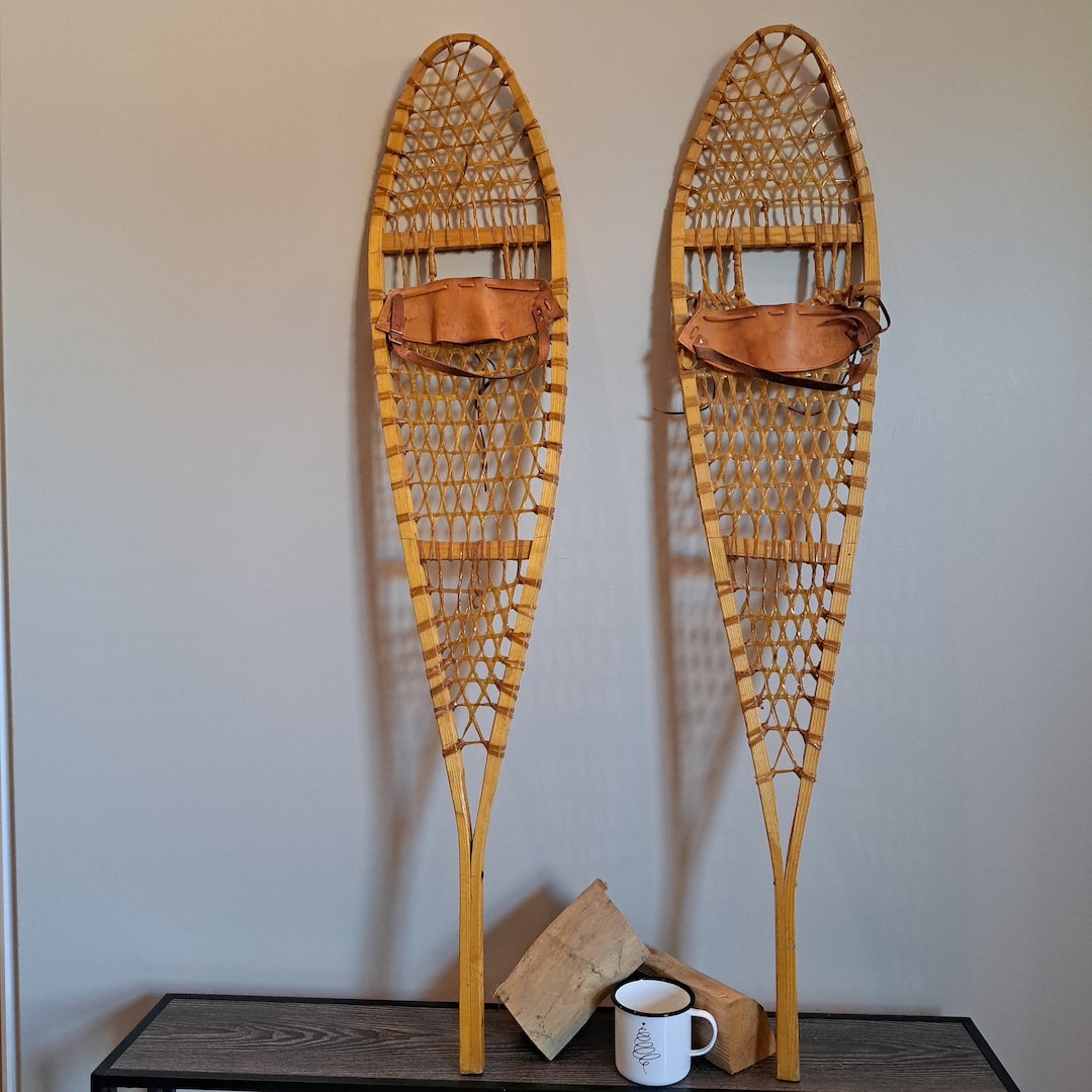 Vintage Wooden Snowshoes With Leather Bindings Large Snowshoes Etsy