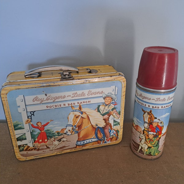Vintage 1950's Roy Roger's and Dale Evans Double R Bar Ranch Metal Lunchbox and Thermos
