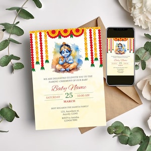 Krishna Theme Baby Naming Ceremony Invite, Cradle Ceremony Invite Template, Naming ceremony digital template, Naming Invite card