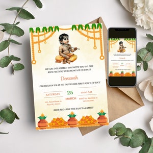 Invito alla cerimonia dell'alimentazione del riso, invito Annaprasan, invito all'alimentazione del riso indù, biglietto d'invito per ragazzo Annaprashan