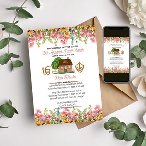 May include: A floral invitation card with a house illustration and the text "Sri Akhand Paath Sahib" and "New House". The invitation is for a housewarming celebration with a religious ceremony on December 2, 2024, at 9:30 AM. The address is 1234 St CA 12345.