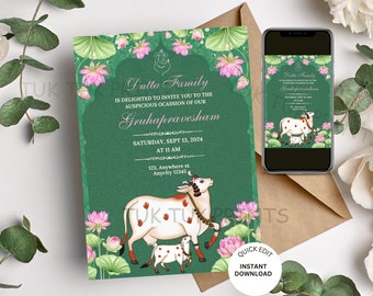 May include: Green invitation card with pink flowers and a white cow with a calf. The text on the card reads "Dutta Family is delighted to invite you to the auspicious occasion of our Gruhapravesham Saturday, Sept 13, 2024 at 11 AM 123, Anywhere st. Anycity 12345".
